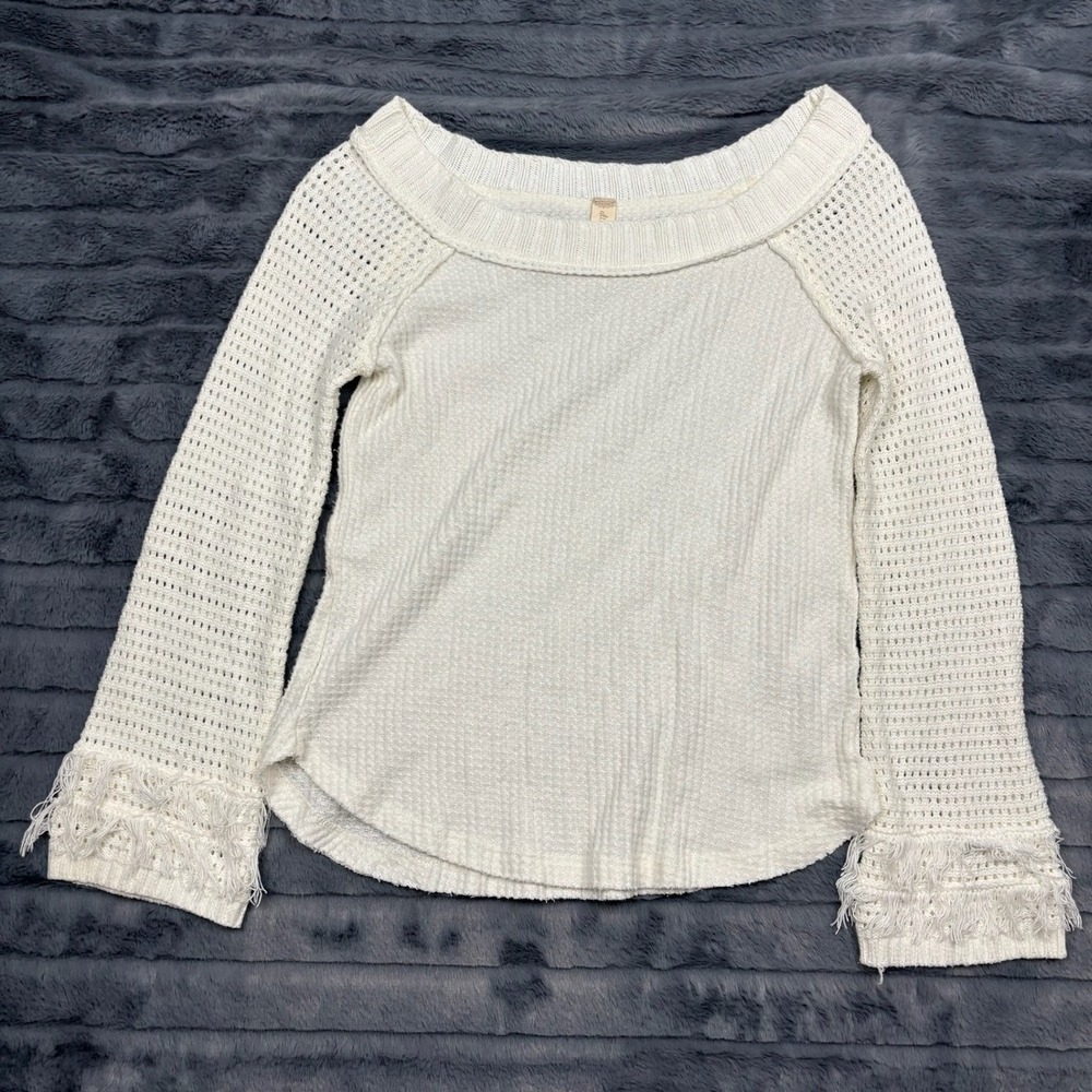Altar'd State Cream Waffle Knit Off Shoulder Fringe Sleeve Top PT193460AS Small